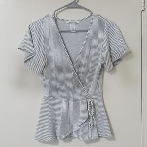 Grey and white striped faux wrap shirt